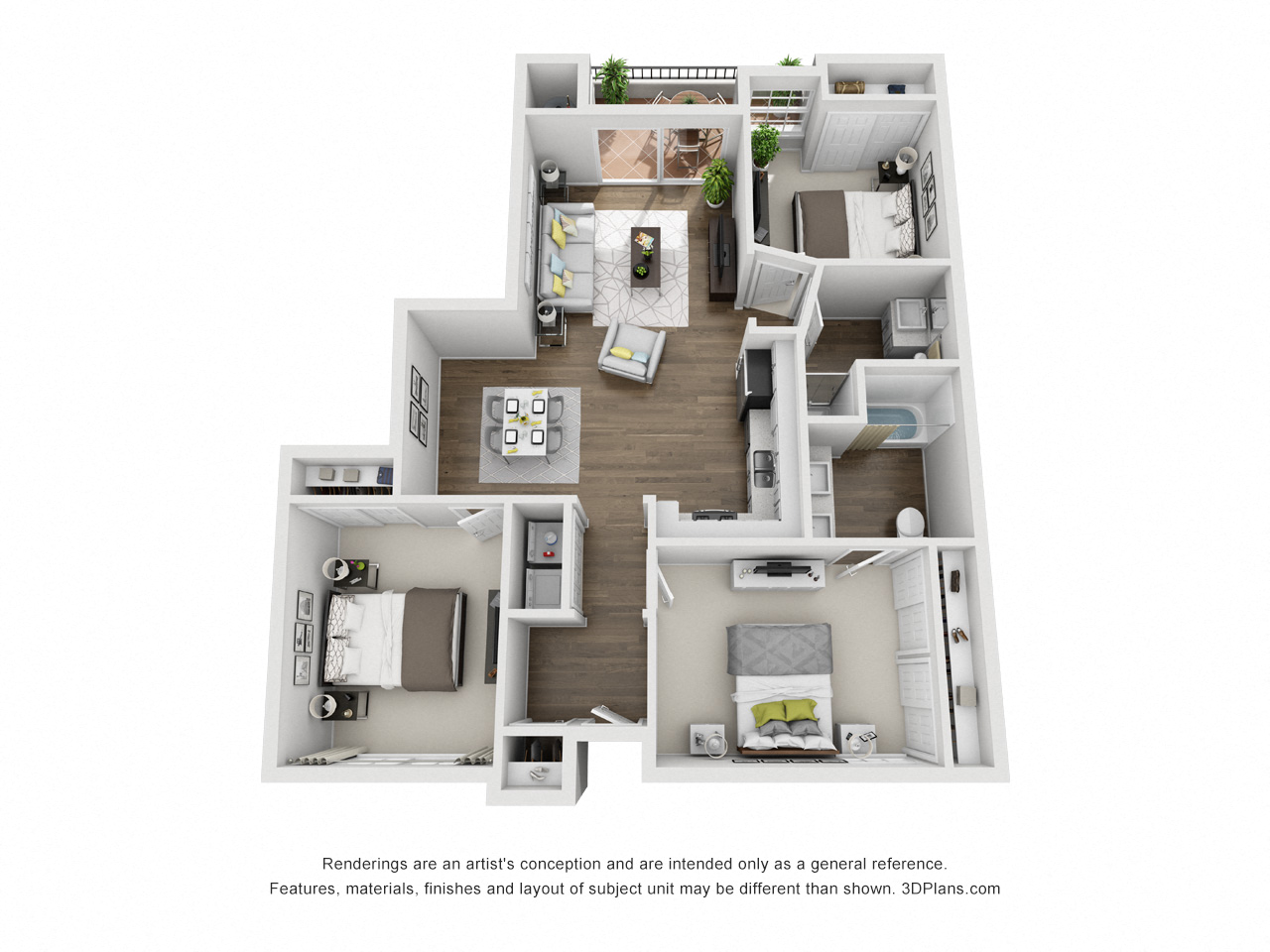 Floor plan for 3 beds, 2 baths, 1096 sqft
